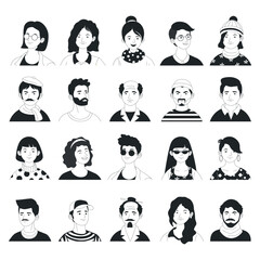 Big set of people avatars for social media, website. Doodle portraits fashionable girls and guys. Trendy hand drawn icons collection. Black and white vector illustration