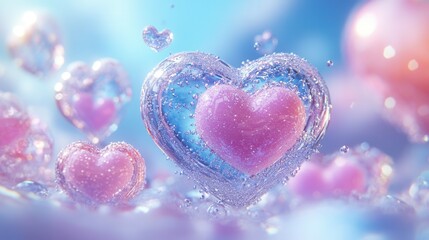 Obraz premium Floating in a soft, enchanting atmosphere, translucent hearts shimmer with delicate colors. The scene is filled with a whimsical blend of pink and blue, creating a magical effect that evokes feelings 