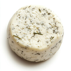 A whole round of artisan goat cheese with visible herbs, isolated on a white background, capturing rustic texture and detail