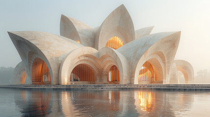 A serene modern building resembling a lotus with arches and reflections, Generative AI