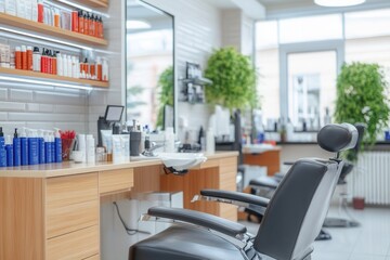 Inside a contemporary hair salon, styling chairs are positioned near well organized shelves filled with various hair care products. The bright space features green plants and is designed for hair trea