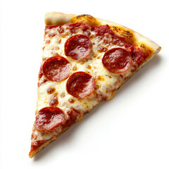 A slice of pepperoni pizza with gooey cheese, isolated on a white background, showcasing classic comfort food appeal