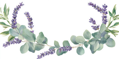 Beautiful watercolor frame with eucalyptus leaves and lavender flowers in subtle green and purple hues. Perfect for a botanical wedding invitation or Provence-inspired design, isolated on white