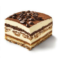 A decadent slice of tiramisu with layers of cream and coffee, isolated on a white background, showcasing rich dessert appeal
