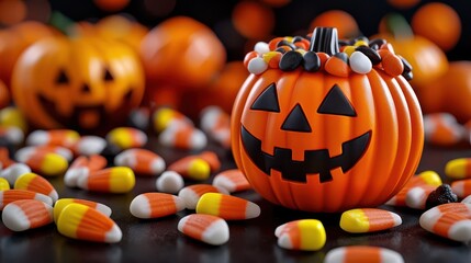 Colorful Halloween pumpkin with candy corn, festive autumn decor on a dark background.