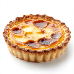 A rich custard tart with a caramelized top, isolated on a white background, emphasizing creamy texture and sweetness