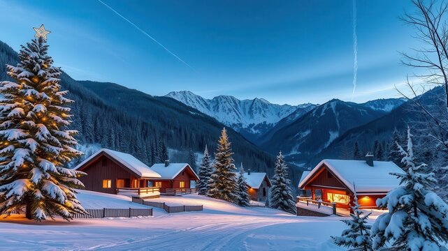 Beleuchteter Weihnachtsbaum vor traditioneller Almh?tte in den verschneiten Bergen der Alpen, Winterurlaub, Berge