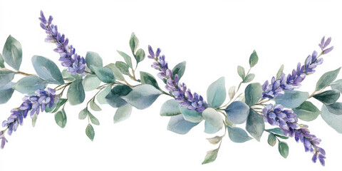 Beautiful watercolor frame with eucalyptus leaves and lavender flowers in subtle green and purple hues. Perfect for a botanical wedding invitation or Provence-inspired design, isolated on white