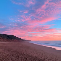 Naklejka premium Serene beach at sunset with vibrant pink and blue sky reflections.