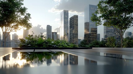 City skyline with greenroofed buildings, zero emissions, sustainable urban future concept