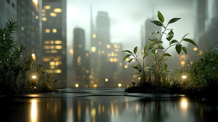 Cityscape with green digital elements, visualizing zero emissions, ecotechnology future