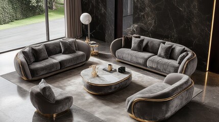 Modern Living Room Interior Design with Plush Grey Couches and Golden Accents