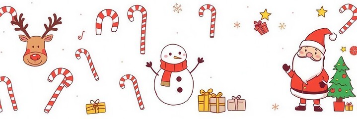 Naklejka premium Christmas hand drawn doodle cartoon set featuring Santa Claus, reindeer, snowman, Christmas tree, gifts, candy canes, and more, Santa Claus, Christmas
