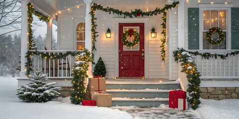 Snowy christmas porch decorated with lights and wreaths.
