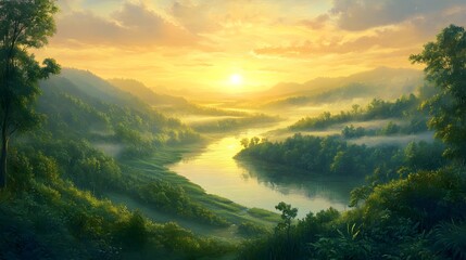 A serene landscape of rolling hills and lush greenery, with the sun rising over a misty river flowing through it