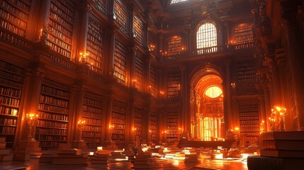 Obraz premium Explore the enchanting beauty of a grand library with glowing warmth and endless knowledge