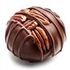 Obraz premium A gourmet chocolate praline filled with crunchy pecans, with a glossy chocolate coating, isolated on a white background, showcasing the nut pieces within