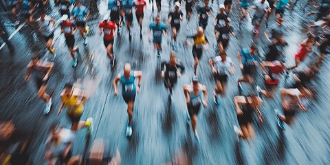 Dynamic scene of runners participating in a marathon, captured with motion blur on a rainy day, conveying energy and determination.