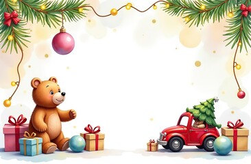 Obraz premium frame for text made from colourful kids toys, nature animals bears, toy cars, balls, cubes, with golden garland lights, on white Christmas background, festive golden bokeh