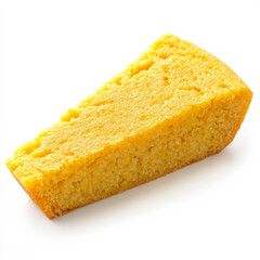 A golden slice of cornbread, isolated on a white background, showcasing its crumbly texture and...