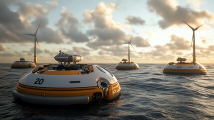 Landscape of floating wind farms on open seas, oceanbased renewable energy, zero emissions