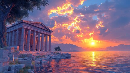 Naklejka premium Ancient temple reflects stunning sunset over serene waters in breathtaking landscape photography