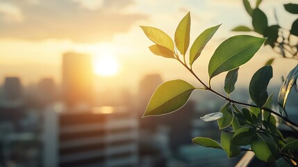 Leafy cityscape with carbonfree icons, urban zeroemissions vision