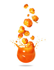 Ripe cloudberries falling in splashes of juice isolated on white background