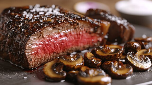 Savor the perfectly cooked steak accompanied by delicious saut��ed mushrooms for a culinary del