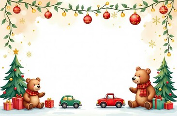 Obraz premium frame for text made from colourful kids toys, nature animals bears, toy cars, balls, cubes, with golden garland lights, on white Christmas background, festive golden bokeh
