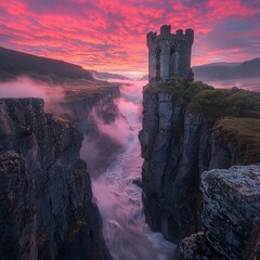 Obraz premium A solitary tower perched on a cliff amidst a vibrant sunset and mist.
