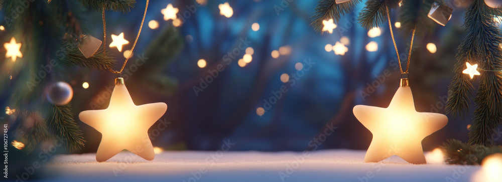 Aufkleber serene christmas scene featuring glowing star ornaments hanging from evergreen branches, surrounded 