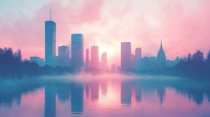 Fototapeta premium A serene city skyline at sunset, reflected in a tranquil water body.
