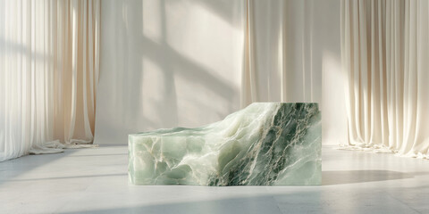 Seafoam green stone podium with organic veining and glossy surface, set in a minimalist studio for product display