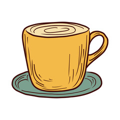 Coffee cup on plate in flat design. Morning breakfast with aroma drink. Vector illustration isolated.