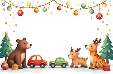 Naklejka premium frame for text made from colourful kids toys, nature animals bears, toy cars, balls, cubes, with golden garland lights, on white Christmas background, festive golden bokeh