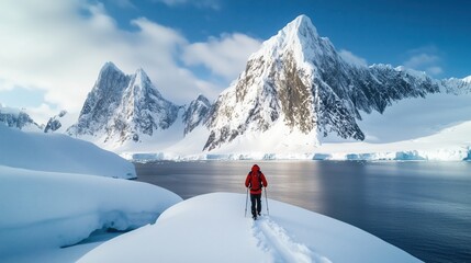 Man in a red jacket is walking on a snowy mountain. The sky is cloudy and the mountains are covered in snow. The man is carrying skis and he is enjoying the winter scenery