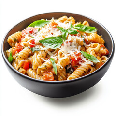 A bowl of creamy pasta with basil pesto, garnished with parmesan, isolated on a white background, showcasing a delicious and rich appearance