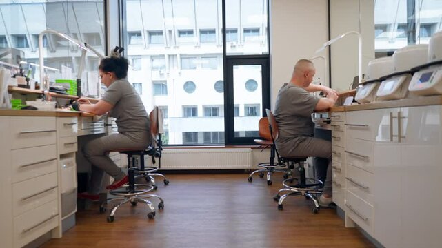 large professional laboratory the production of dental prostheses veneers work tables with equipment for work on creating teeth for clients large team