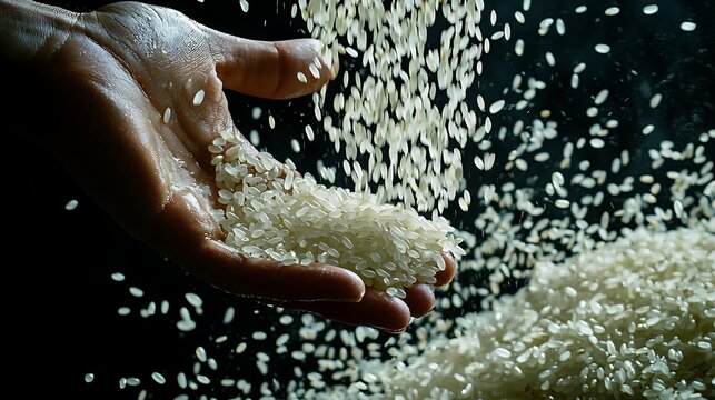 Hand Pouring Grains of Rice in Dramatic Lighting
