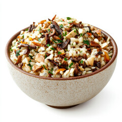 A bowl of risotto with wild mushrooms and herbs, isolated on a white background, emphasizing rich, earthy flavors