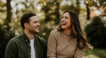 Fototapeta premium A couple is laughing together in a park, surrounded by lush greenery. The man wears a casual green jacket, while the woman dons a stylish beige sweater. Bright sunlight enhances their cheerful express