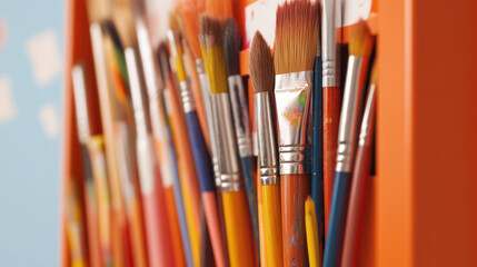 Fototapeta premium Art supplies including paintbrushes in vibrant orange container, showcasing variety of colors and sizes, perfect for creative projects