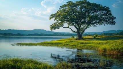 A tranquil lakeside scene features a majestic tree beside calm waters, with lush greenery and distant hills in the background, Ideal for nature-themed projects, meditation