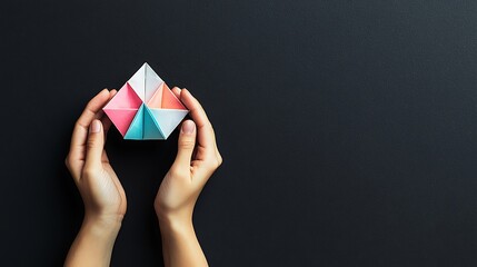Hands Folding Colorful Origami on Dark Surface
