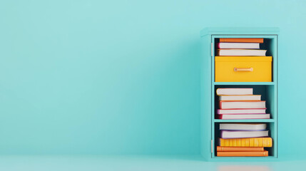 Fototapeta premium Colorful school locker with novels and bright drawer, perfect for organizing books and supplies. This vibrant setup adds cheerful touch to any study space