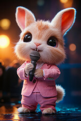 A small rabbit in a pink suit holding a microphone