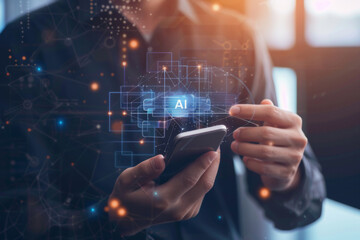 Man using Ai Phone with  virtual digital chatbot, robot application, conversation assistant, AI