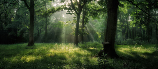 Obraz premium Beautiful green forest with tall trees and sunlight