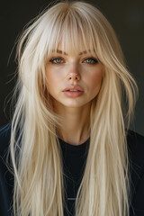 Naklejka premium A woman with long blonde hair with bangs and a black shirt